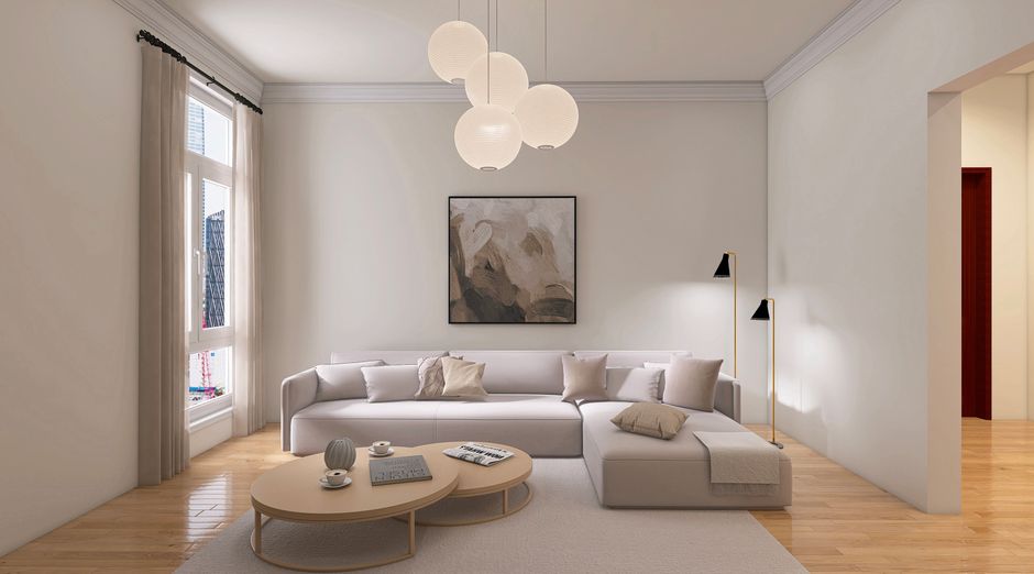 Warme minimalistische woonkamer met natuurlijke accenten. Warme minimalistische woonkamer met natuurlijke accenten.