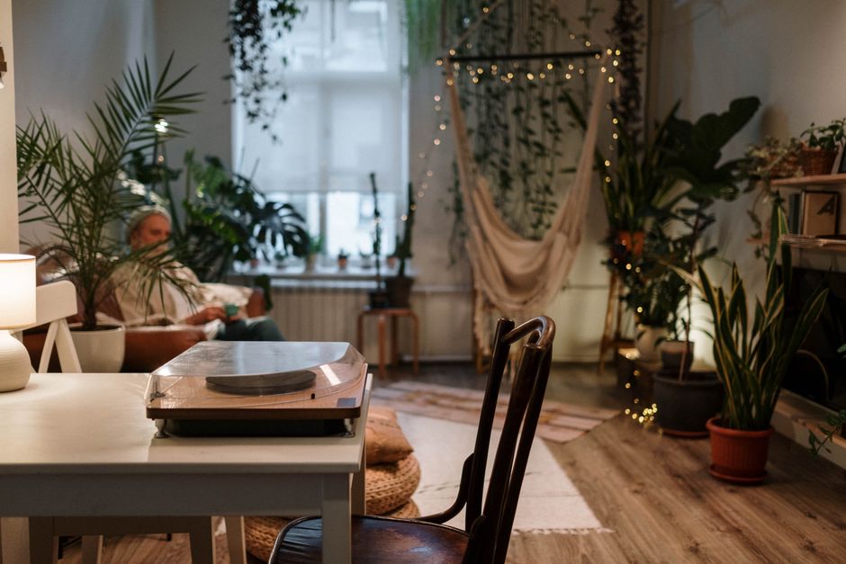 Hangende planten in een modern ingericht huis.